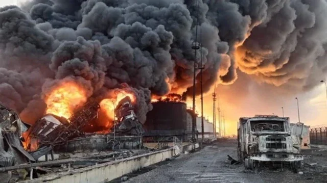 Пожежа на НПЗ Росії після атаки дронів з клубами диму