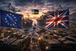 Прапори ЄС та Британії над портом з українськими танками та контейнерами