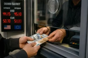 Обмін доларів і євро за курсом у вікні обмінного пункту