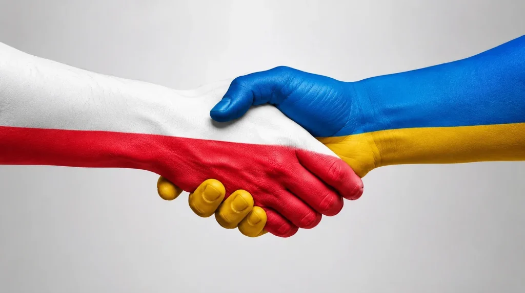 Рукопожатие в цветах флагов Польши и Украины как символ примирения