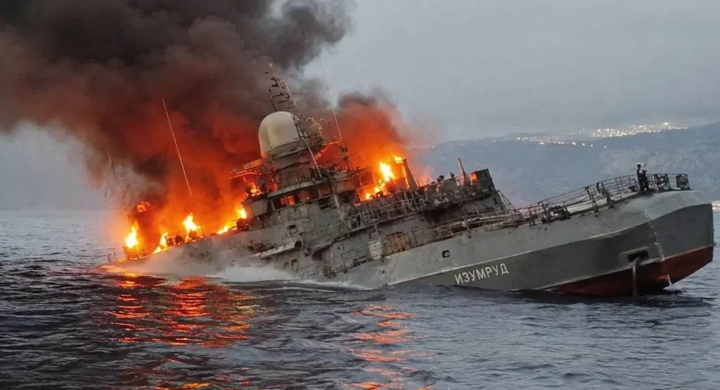 Пограничный корабль РФ «Изумруд» в огне после атаки украинских ВМС