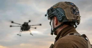 Военный в тактическом шлеме наблюдает за полётом многороторного дрона на фоне облачного неба